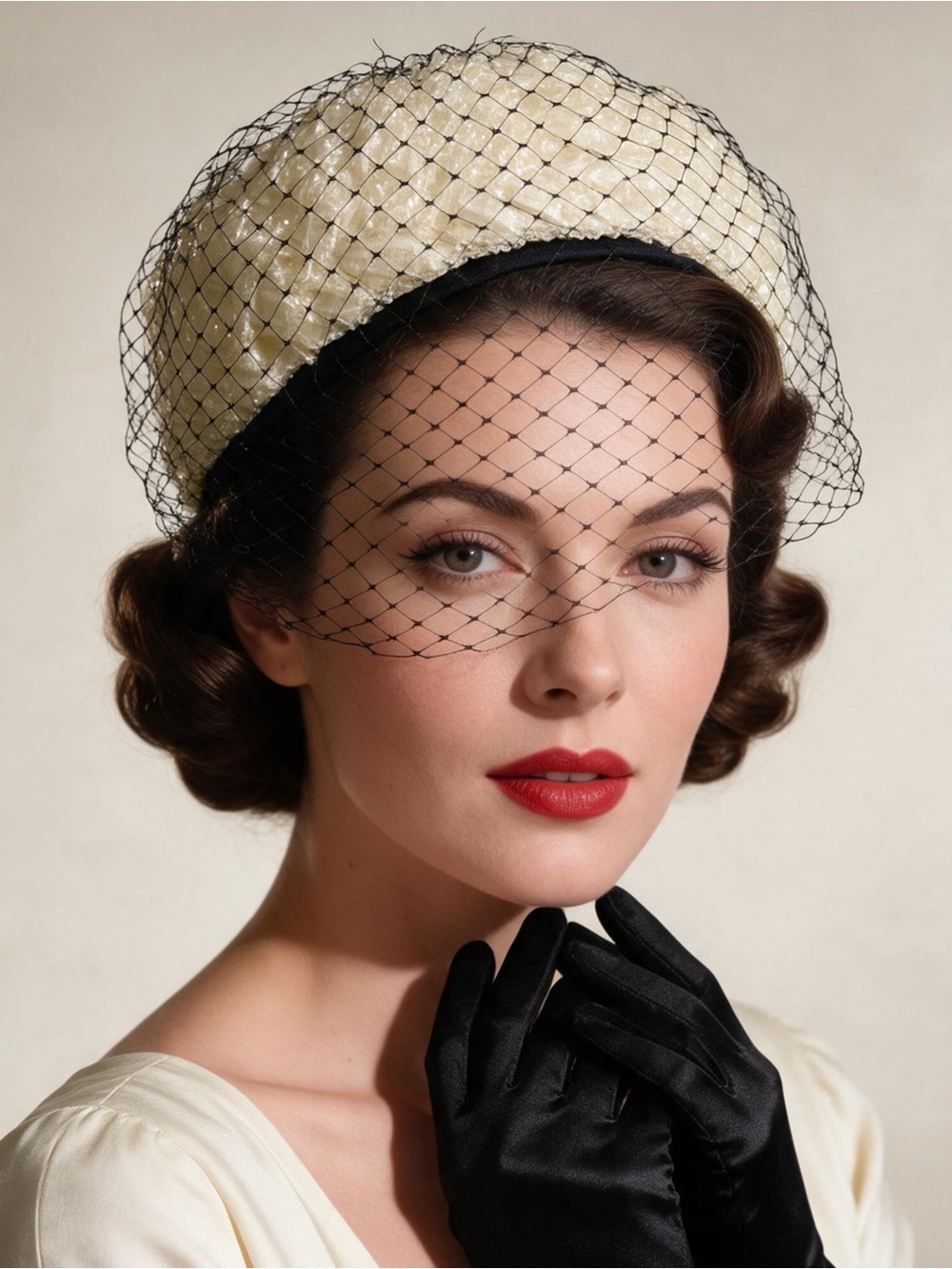 Vintage 50s Union Made Fascinator Cream W/ Pearl Pillbox Women's Mesh Net Hat